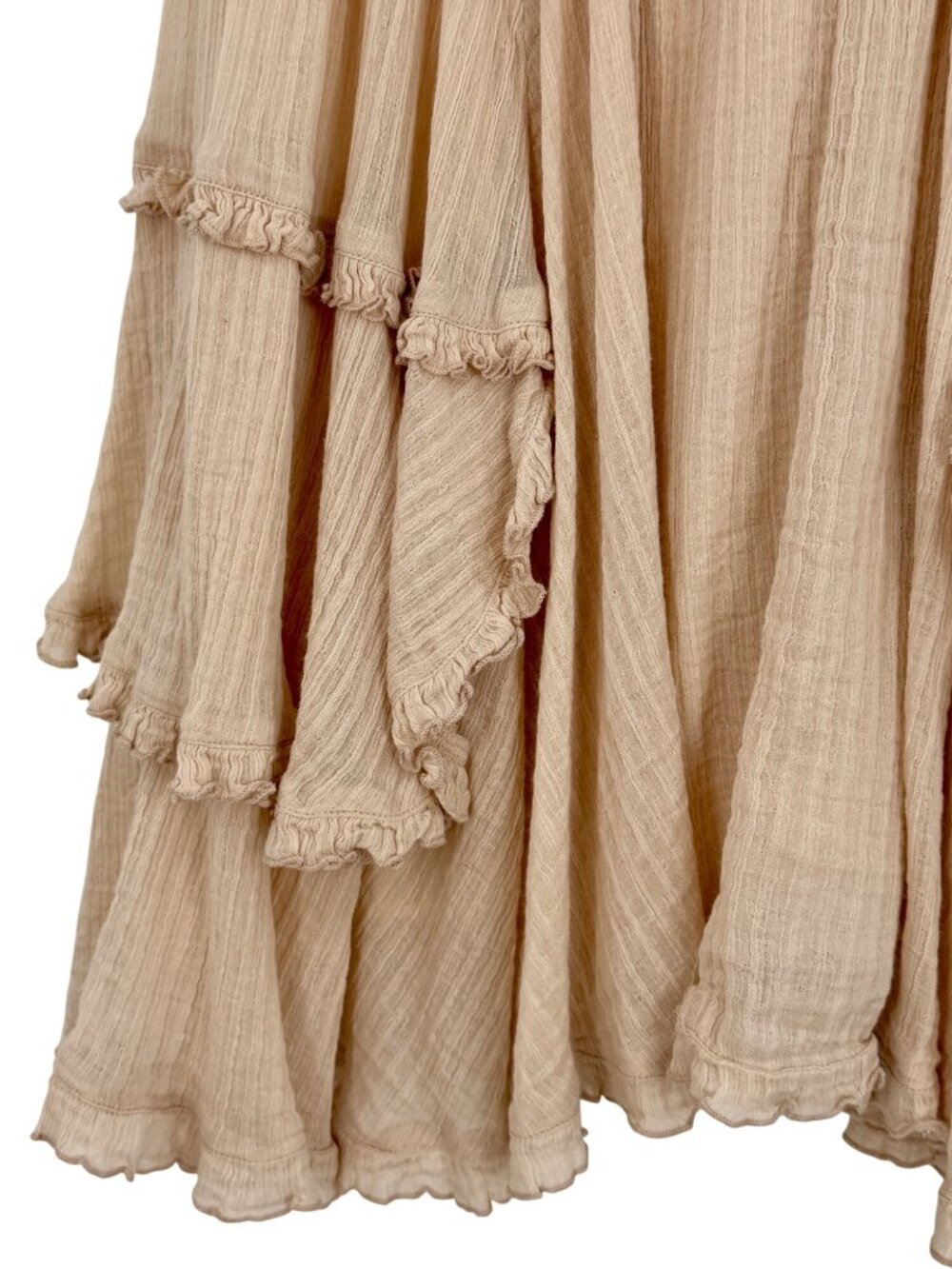 Free People Beige Layered Ruffle Ruched V-Neck Mini Dress S | Coastal Boho Indie - Picture 9 of 13